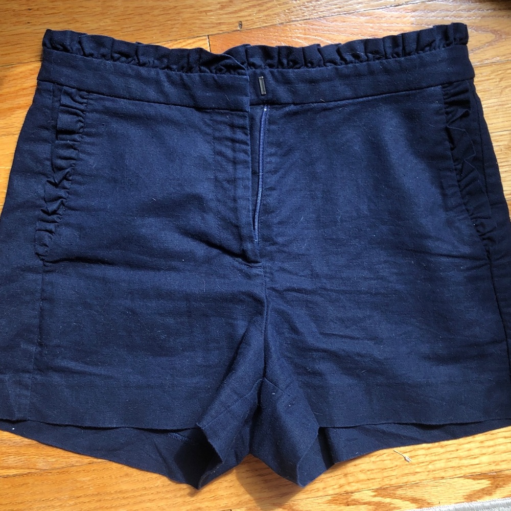 J. Crew High Waist Navy Shorts with Ruffle Trim